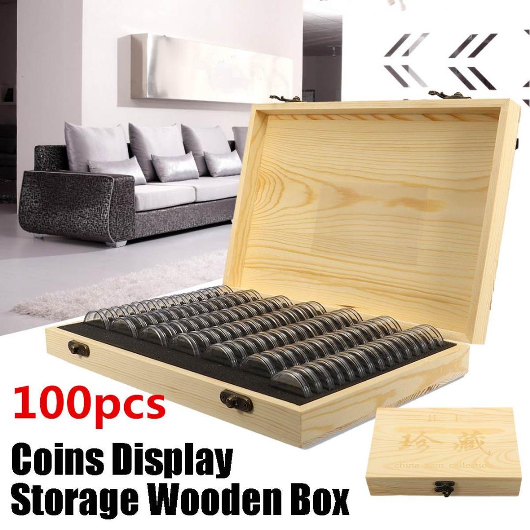 Wooden Coins Display Storage Box Case+100 Grids Round Slab For Certified Coin