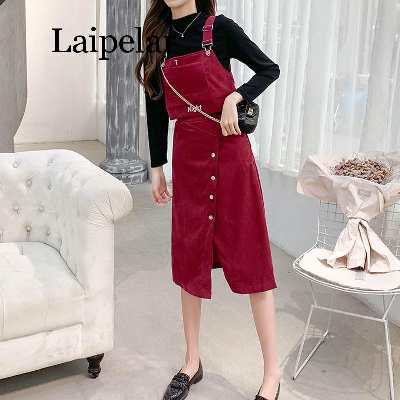 

Women two pieces set letter embroidery tank wine red corduroy midi skirt zipper pocket summer high street pocket