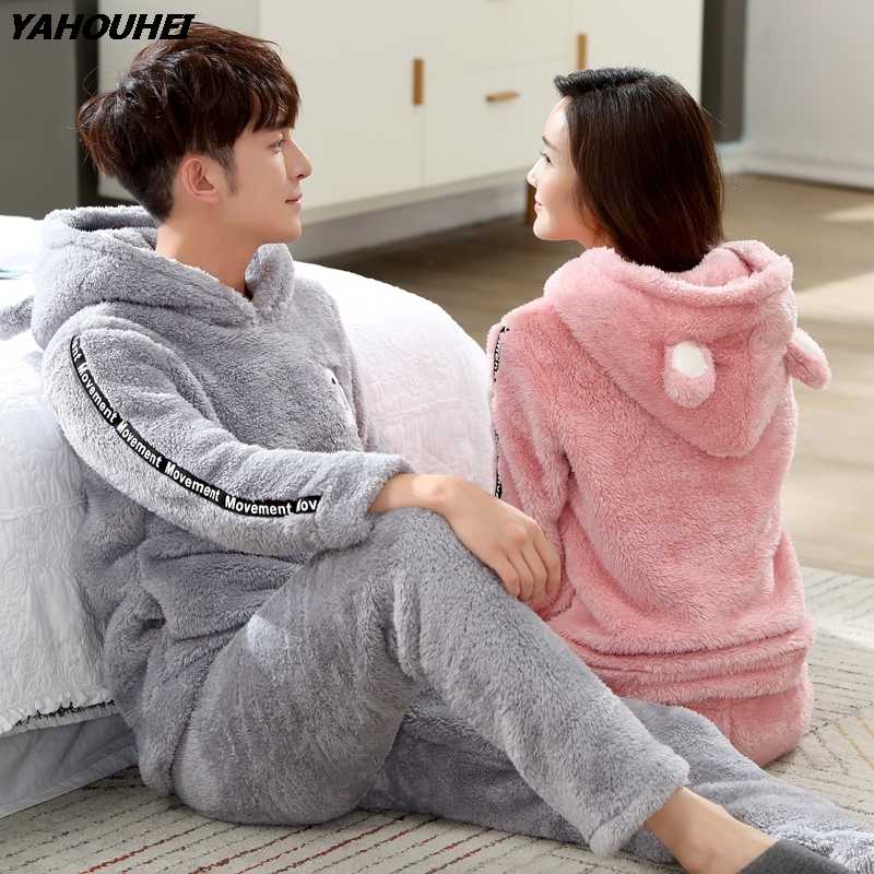 

2018 Winter Couples Hooded Thick Warm Flannel Pajama Sets for Women Long Sleeve Velvet Pyjama Men Cute Cartoon Cosplay Sleepwear