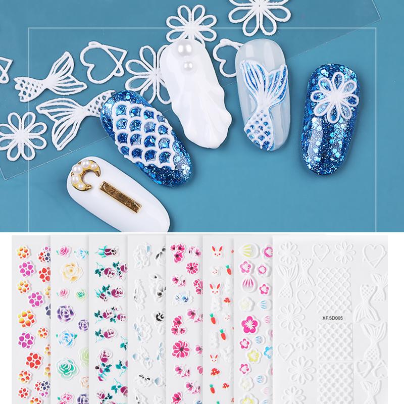 

3D Nail Sticker Adhesive Decals 5D Embossed Sticker Mermaid Flower Nail Art Sliders Art Decorations Adhesive Tips, 12