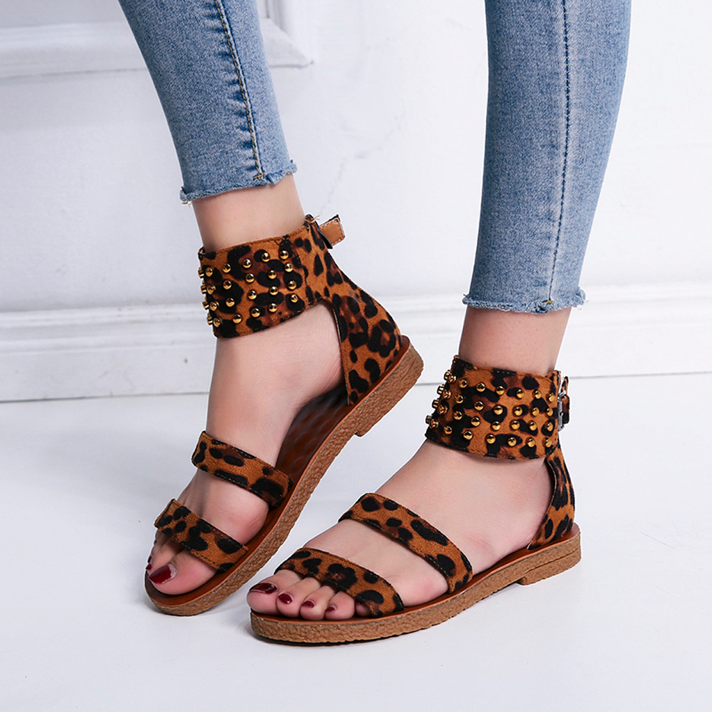

Women's Sandals Ladies Fashion Leopard Strap Flat Rivet Ankle Beach Sandals Roman Style Summer Casual Shoes