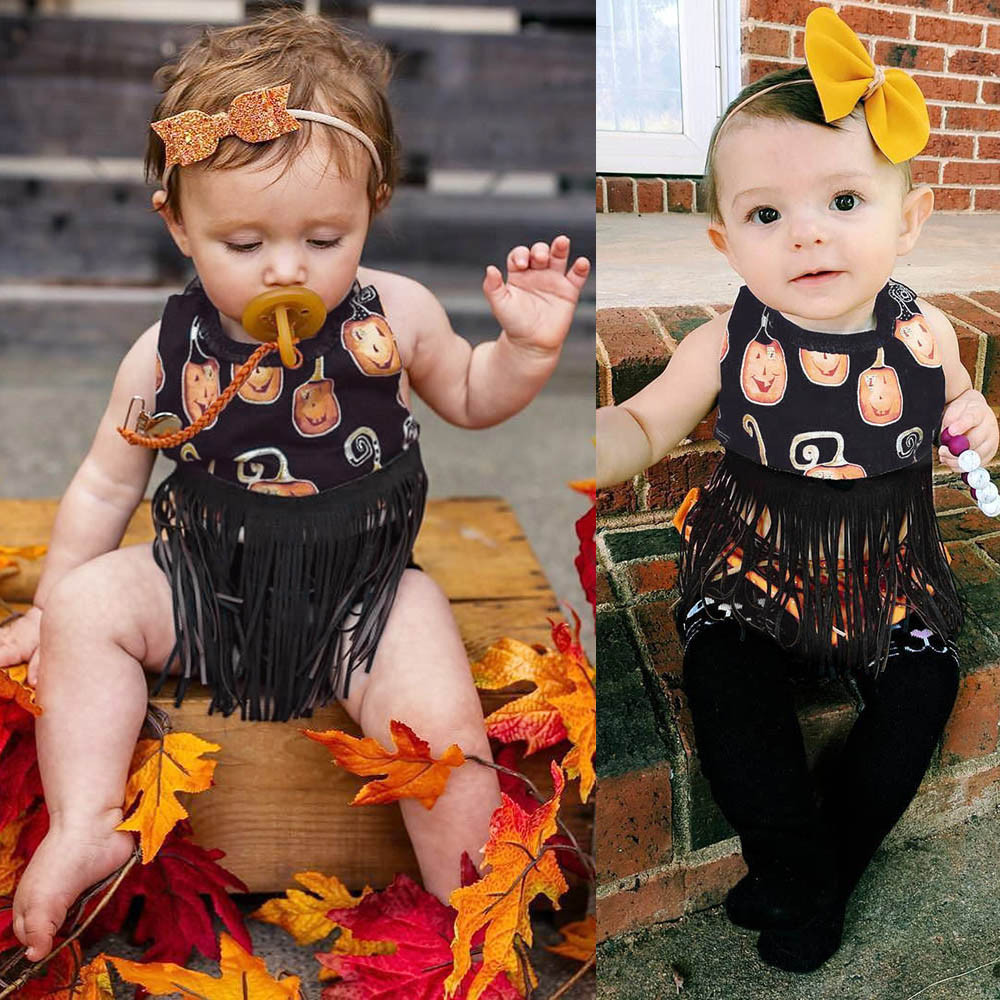

2020 Fashion Casual Daily Infant Baby Girl Cotton Backless Pumpkin Print Halloween Tassel Tops+Shorts Outfits Set, Black