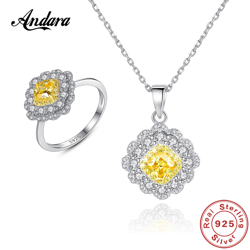 

Earrings & Necklace Wedding Jewelry Set 925 Sterling Silver Yellow Geometric Gem Rings For Woman Gifts, As pic