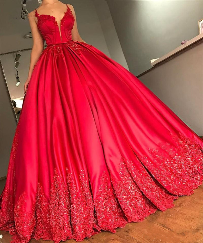 

Luxury Red Quinceanera Dresses Ball Gown Sexy V Neck Lace Appliques Sequined Plus Size Satin Ruched Girls Pageant Princess Prom Gowns, Royal blue
