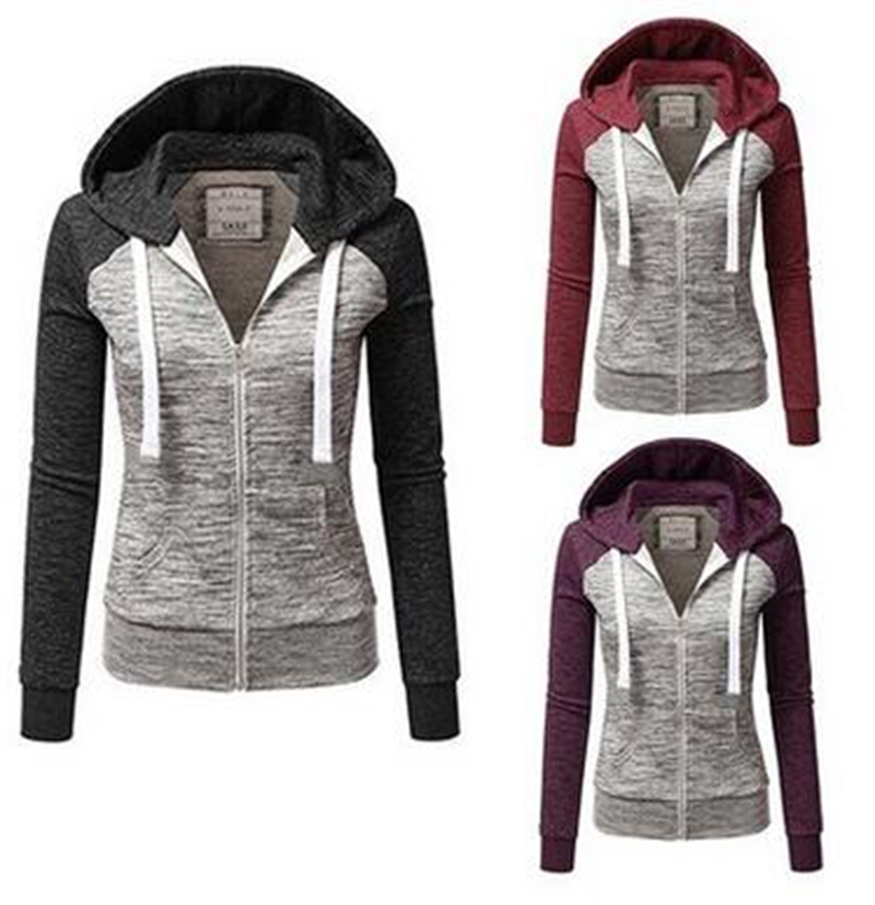 

Wholesale women' explosive fashion tricolor stitching slim hooded drawstring cardigan sweater, Red