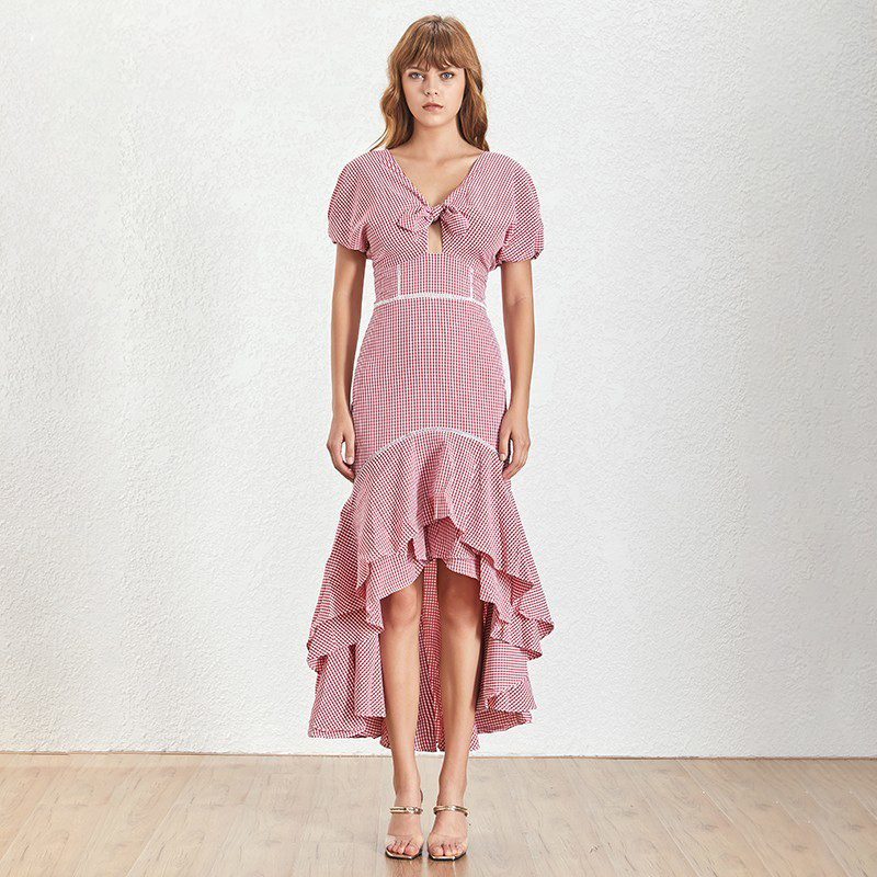 

2020 Vintage Plaid Women Dress V Neck Puff Sleeve High Waist Hollow Out Slim Asymmetrical Dresses Female Elegant Summer, Same as picture