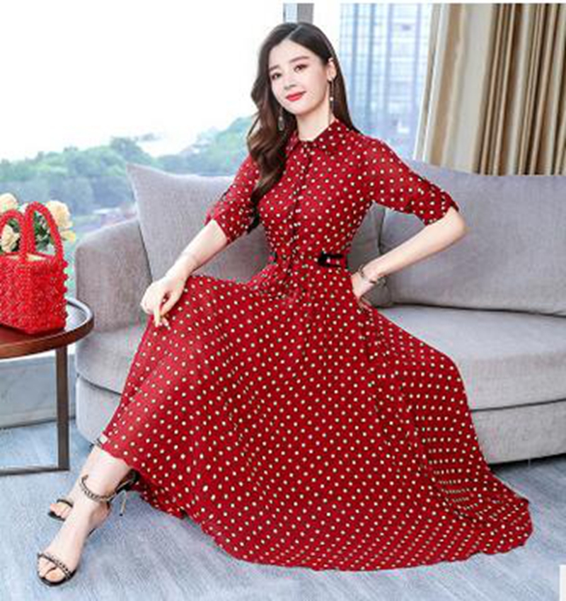 

Wholesale women's autumn new style was thin in the long section of the long-sleeved retro polka dot chiffon bottoming knee dress, Black