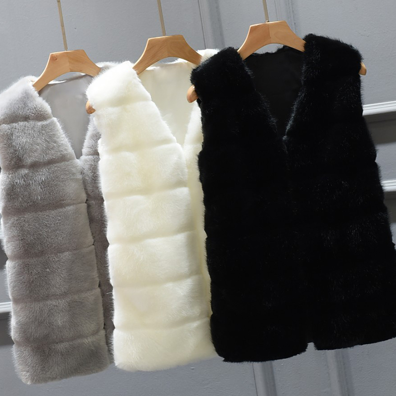 

New Faux Fur Vest Jacket Coat Women Winter Warm Outerwear Overcoat Parka Sleeveless V-Neck Short Waistcoat Plus 4X 6Q2305, White