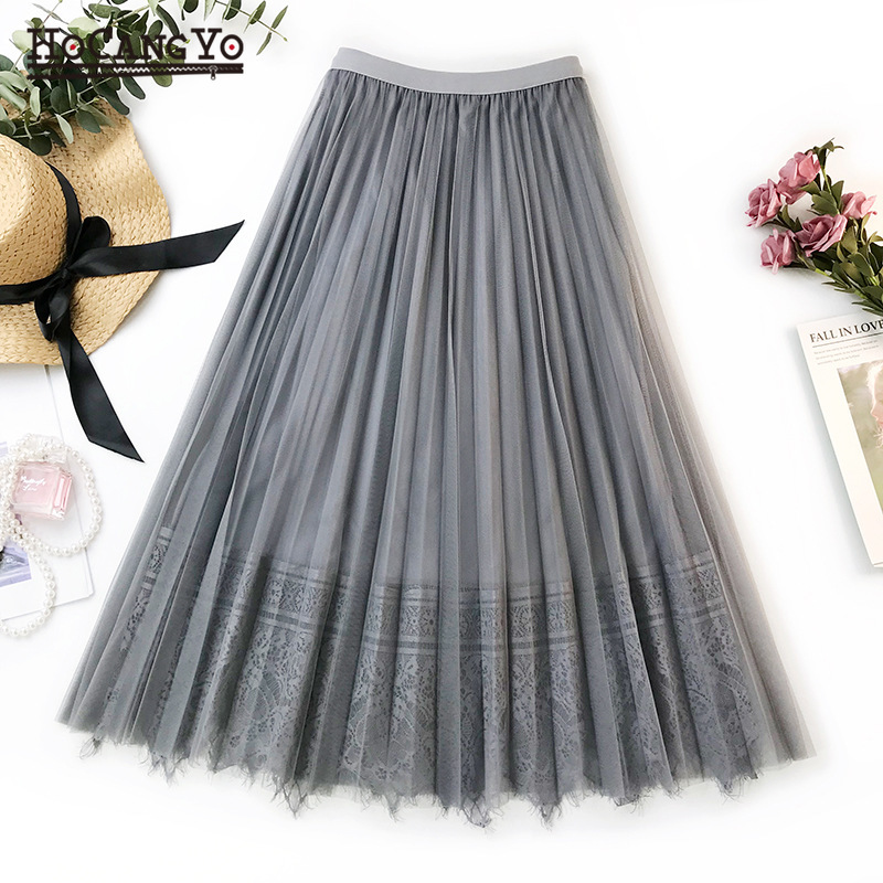 

Women Summer Lace Print Skirt 2020 New Korean Gauze Tulle Skirt Elegant Ladies Casual Solid A-line Mid-calf Pleated Midi Skirts, Black