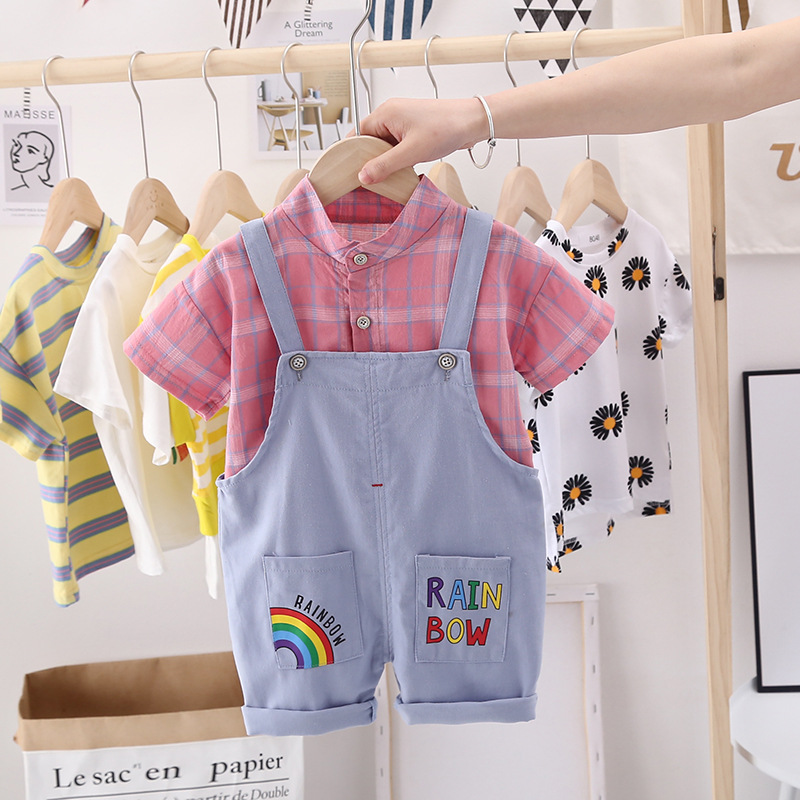 

Baby Boy Summer Clothes for Boy Plaid Shirt + Denim Overalls 2Pcs Baby Sets Fashion Kids Clothing Set Toddler Outfits Suits, Pink