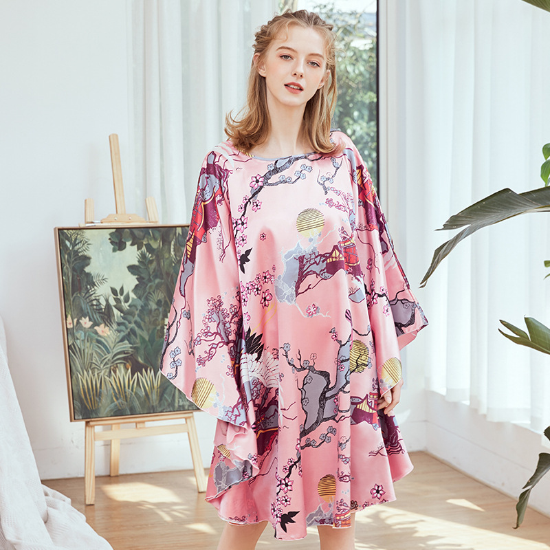 

Plus Size Ladies summer Faux Silk Bath Robe Women Rayon Night Gown Round Collar Nightgown Home Wear Nightwear Pijama Mujer, A - 1