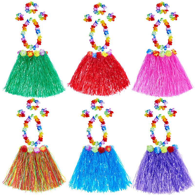 

Kids Hawaiian Grass Skirt Garland Headband Hula Fancy Skirt 5PCS Set 40cm Party Festival Decor Performing Clothes, #4