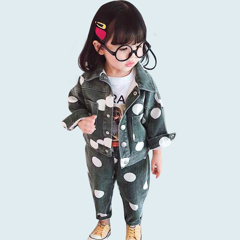 Kids Clothes Dot Jacket + Jeans Girls Clothing Set Turn Down Collar Denim Suit For Baby Girl Autumn Novelty Kids Suit For Girls Y200325