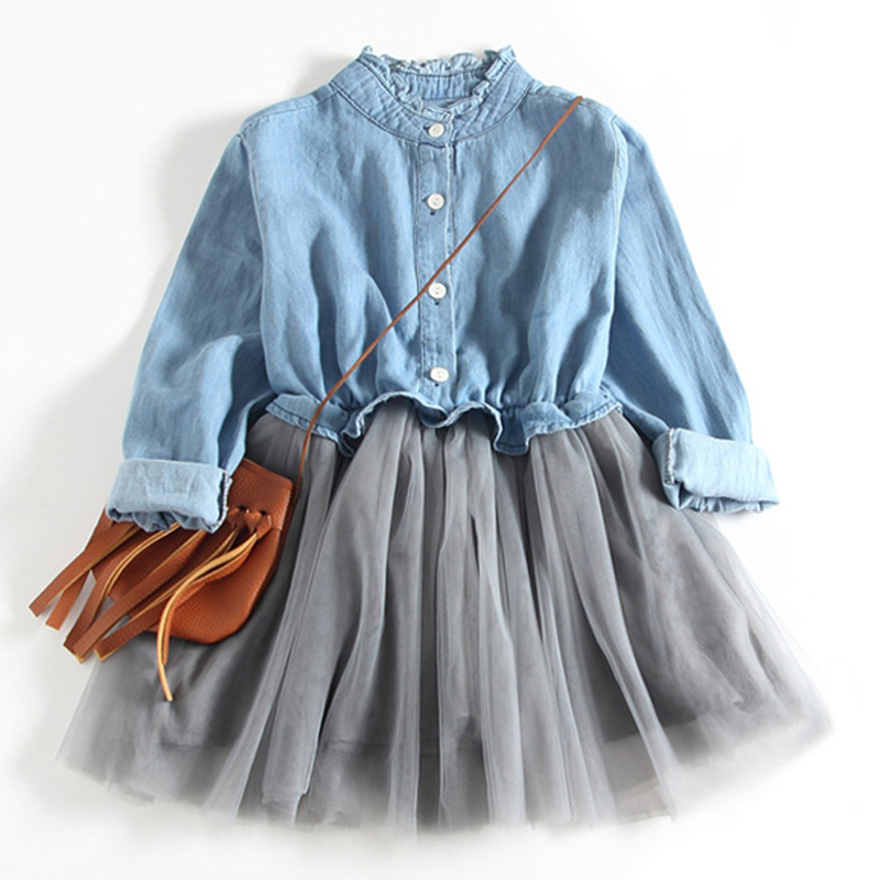 

New Fashion Little Girls Princess Denim Dress Long Sleeve Casual Spring Clothes One-Piece Tulle Bottom Kids Children Clothes, Blue