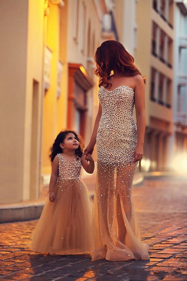 

Luxury Beading Pearls Mother And Daughter Match Prom Dresses Tulle Sweetheart Champagne Long Pageant Dress Evening Gowns Vestido, Daffodil
