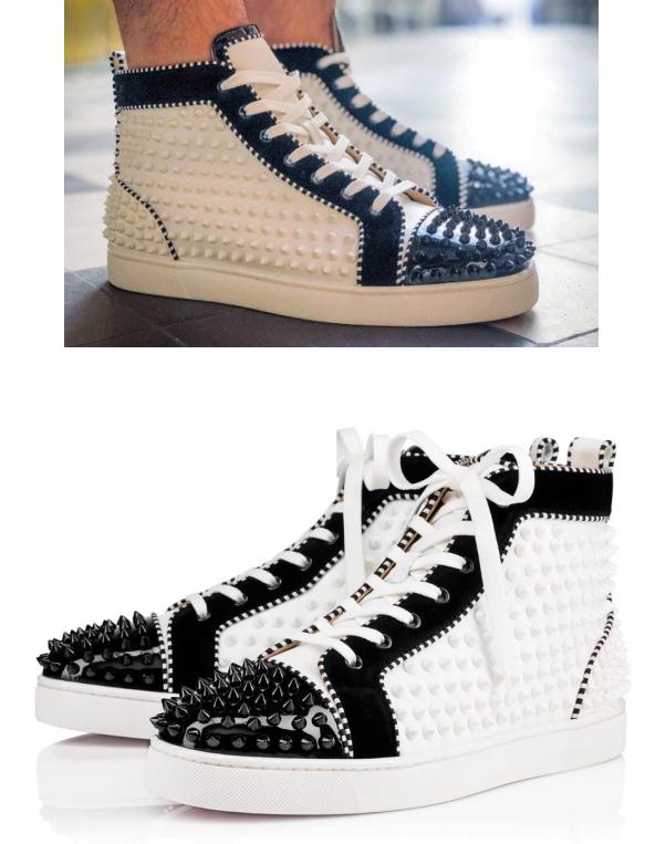 

Men's Full Studded Sneaker Red Bottom High Top Flats,White Genuine Leather With Studs Stuff Fashion Flats For Homme,Spiked Toe Black Or Blue