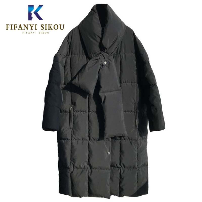 

High quality Parkas Women Winter Jacket Fashion Oversized Down Cotton Coat Casual Thick Warm Overcoat Long Coat Parka With Scarf, Black