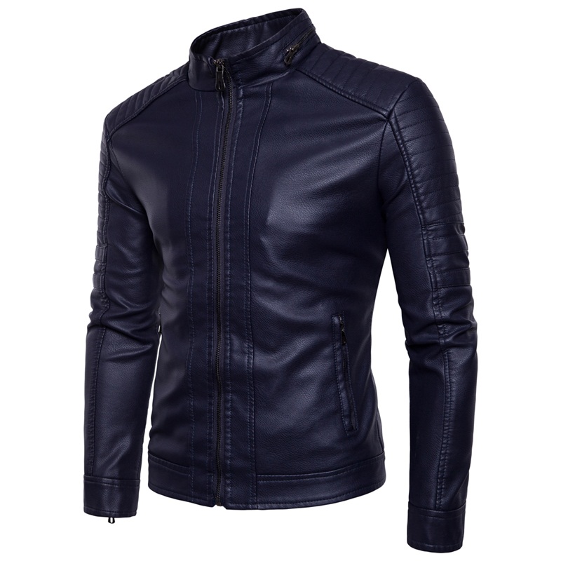 

European American Style Men' Slim Jacket Men Fashion Solid Color Tight Motorcycle Winter Windproof Warm Black Leather Jacket