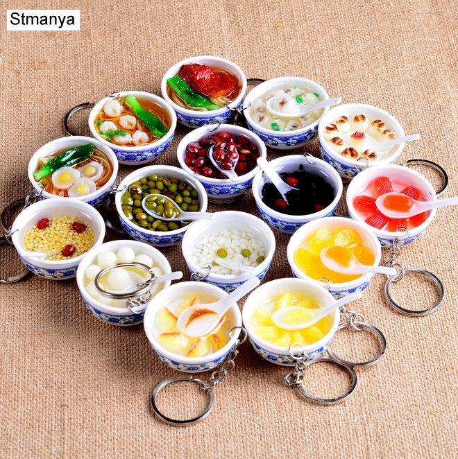 

New Simulation Food Key Chains noodle New Keychain Chinese Blue and white porcelain Food Bowl Mini bag pendant, Silver