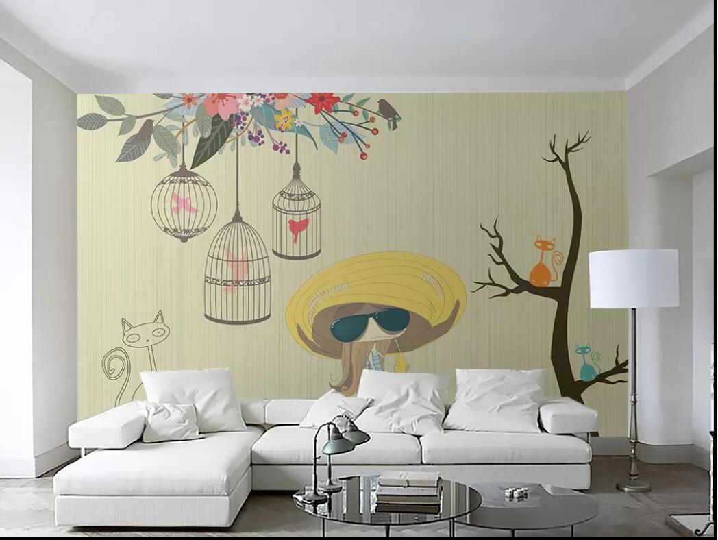 

3d room wallpaper custom photo mural Hand drawn minimalistic cartoon cat bird cage background wall wall art canvas wallpaper for walls 3 d, Non-woven fabric