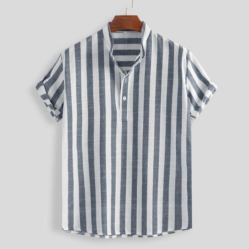 

Mens Casual Striped T-Shirt Cotton Linen Henley Collar Daily 2020 Preppy Style Loose Short Sleeve Casual Buttons Top Explosion, Black