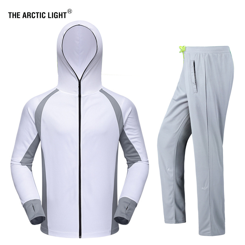 

TRVLWEGO Fishing Clothing Sets Men Breathable UPF 50+ UV Protection Outdoor Sportswear Suit Summer Shirt Pants Hooded Shirt, Black gray