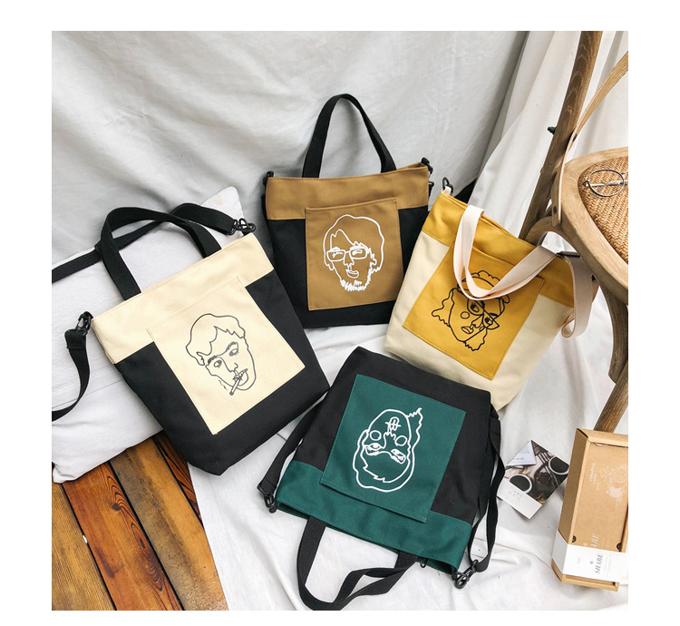 

Korean Style Women Canvas Shoulder Bags Cartoon Character Female Letter Printed Shopping Bag Girls Beach Bag, Beige