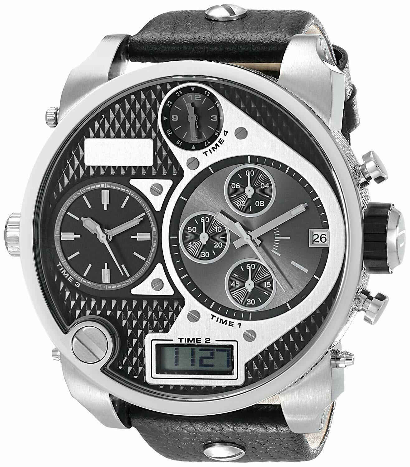 

Hot sell DZ7125+7127+7221+7261+7279 Men's Chronograph 4 times zones black dial date black leather/stell men's watch, Slivery;brown