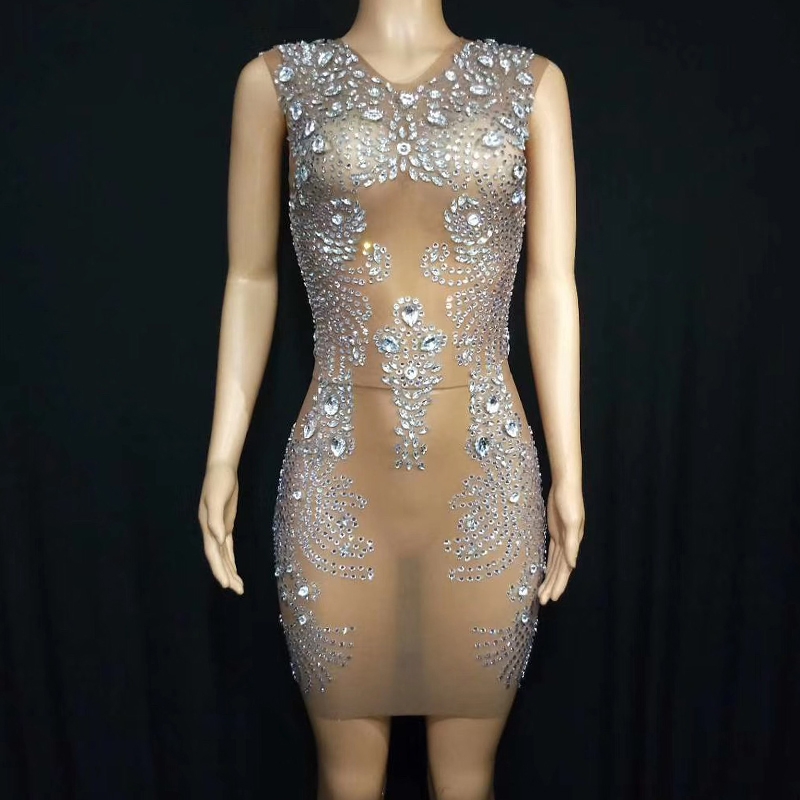 

Shining Rhinestones Perspective Mesh Sleeveless Short Dress Women Birthday Celebrate Crystal Dresses Evening Party Singer DT1778, As picture