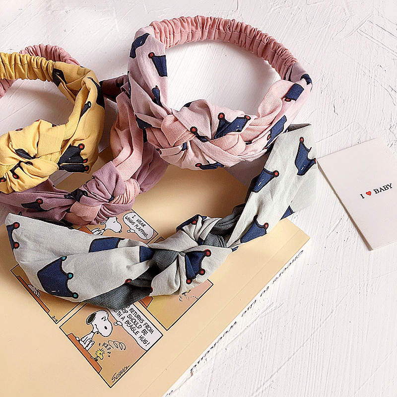 

Korean New Children's Simple Cute Sweet Hair Ties Cloth Weave Colorblock Crown Print Headband for Girl Fashion Hair Accessories
