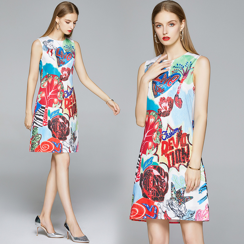 

2020 Summer Street Style Sexy Fashion Cartoon Print Designer Ladies Sleeveless Dresses Runway Plus Size Women Vest Mini A-line Party Dress, Customize
