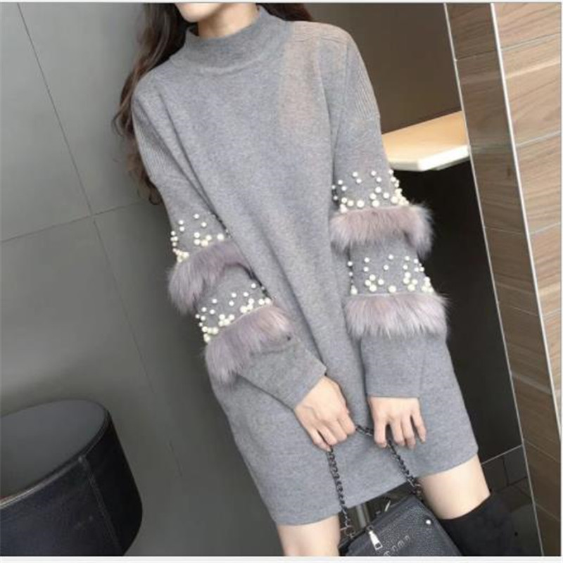 

Long Sleeve Sweater Dress Pullovers Women Spring Autumn Loose Tunic Knitted Casual Patchwork Pearls Turtleneck Women Clothes, Beige