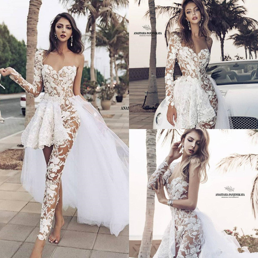 

2020 Western Country Wedding Jumpsuits With Detachable Train Lace Appliqued Sweetheart Long Sleeve Boho Wedding Dress Vestidos De Novia, Khaki