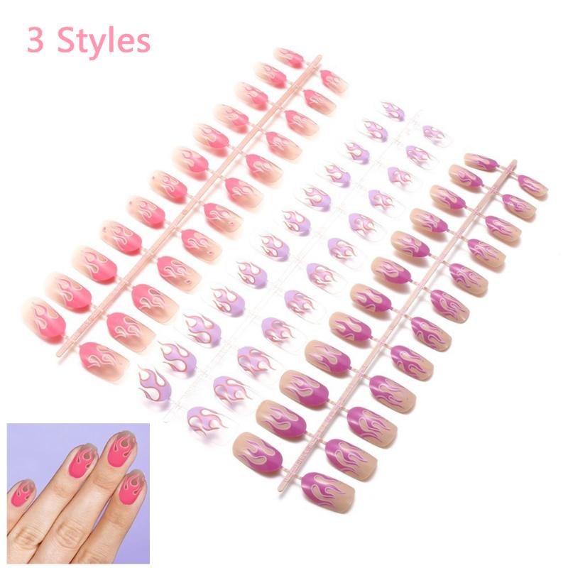 

72 Pcs Matte Black Design Glitter Flame False Nails Fashion Long Coffin Head Full Cover Fake Nail Tip Fnished Nail ArtSticker