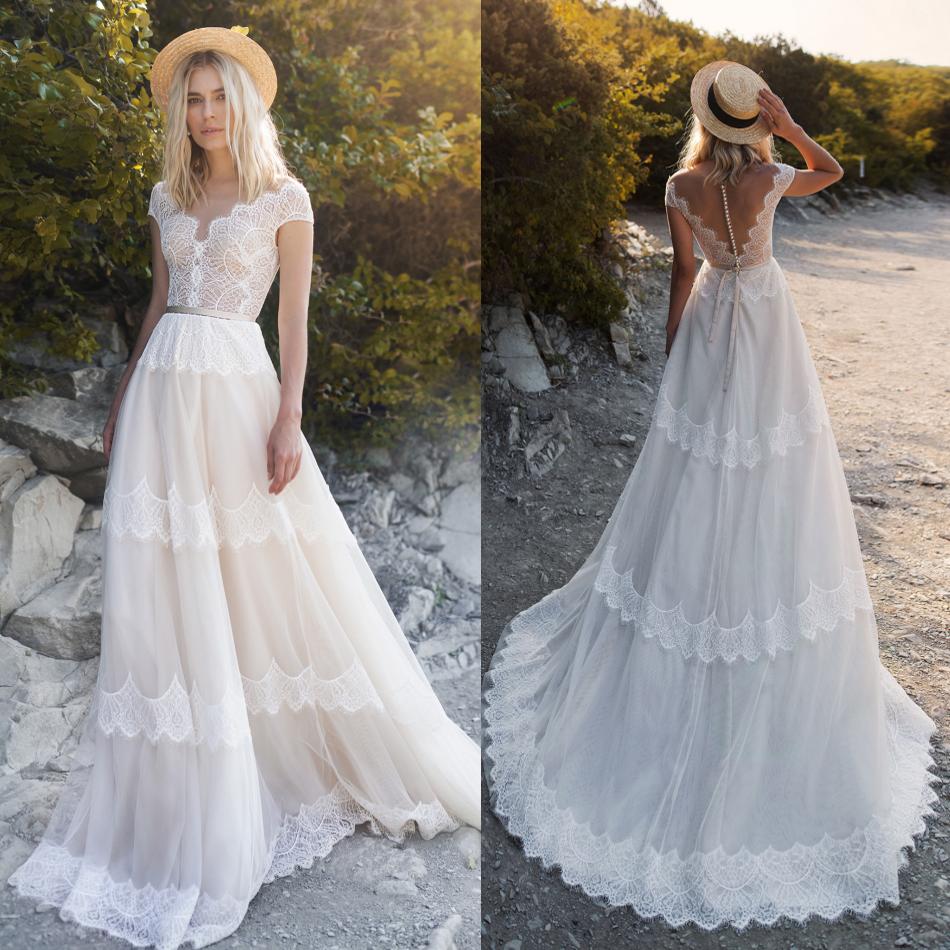 

2019 Cheap Bohemian Wedding Dresses V Neck Lace Appliqued Short Sleeve Boho Bridal Gowns A Line Custom Made Plus Size Beach Wedding Dress, Black