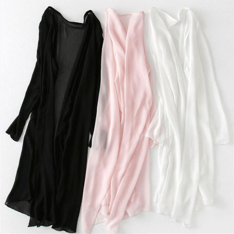 

2020 Fashion Summer Women Midi-Long Chiffon Cardigan Blouses White Blousas Sun Protection Clothings Lady Thin beach Shirts W1158, Black