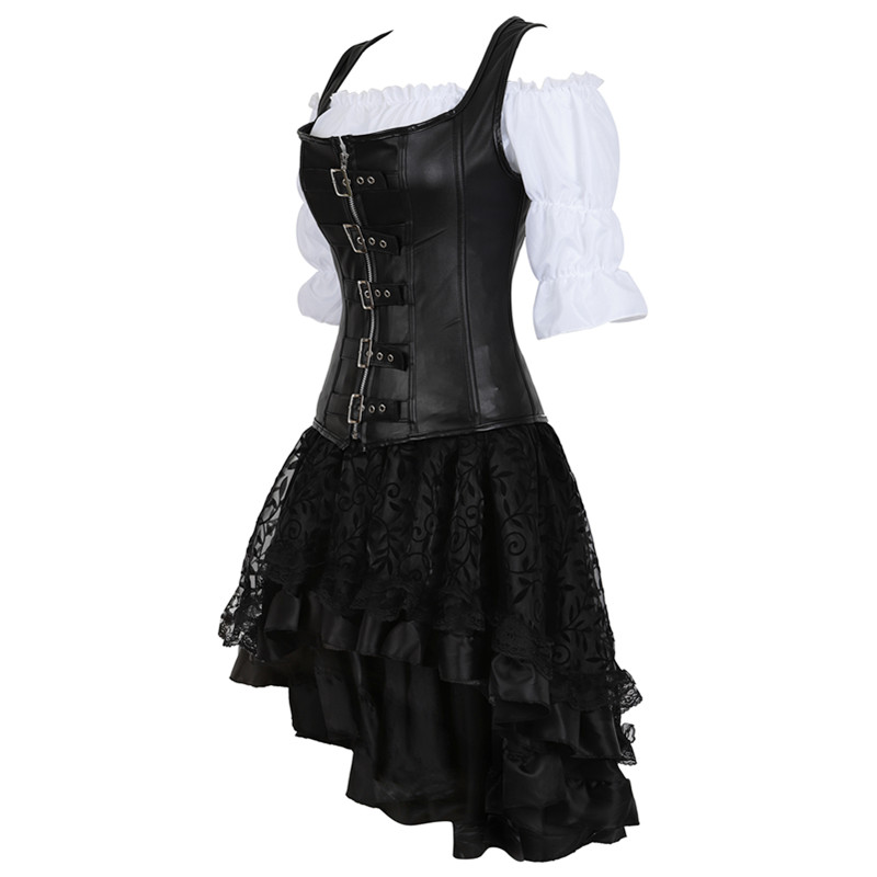 

Plus Size 6XL Steampunk Corset Dress for Women Three-piece Leather Corset with Skirt and Renaissance Shirt Gothic Pirate Costume, Black;white