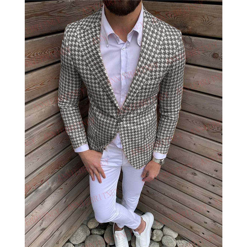 

New Desings Houndstooth Suit Men 2Pcs Set Tailored Slim fit Groom Tuxedo Blazer Wedding Suits for Men Grey Jacket White Pants, Red-white