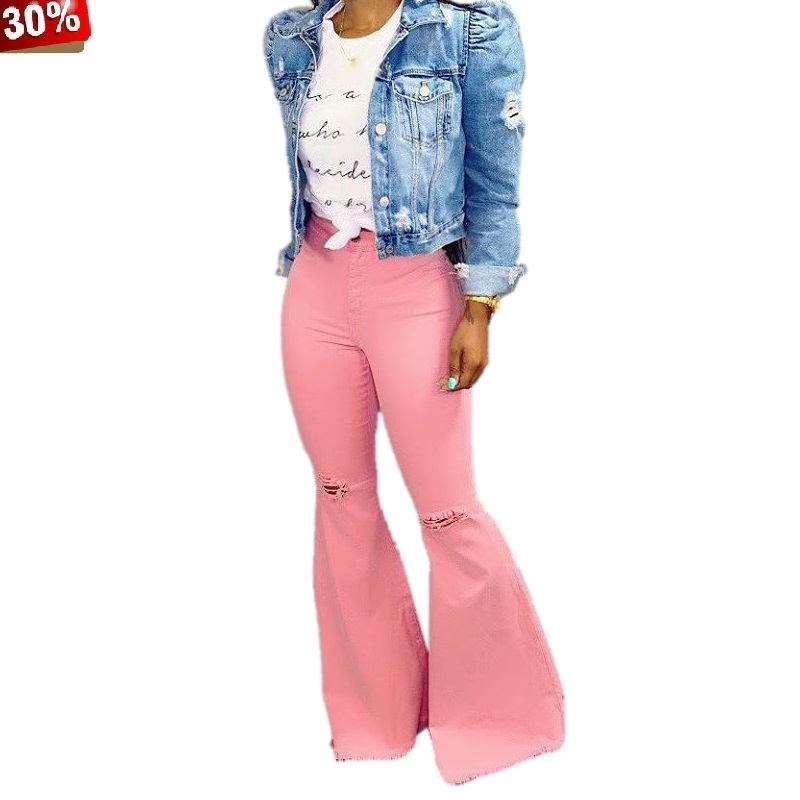 

Women Plus Size Jeans Summer Hole High Waist Zipper Flare Long Denim Pants Hip Hop Streetwear Long Jeans Trousers, A3109