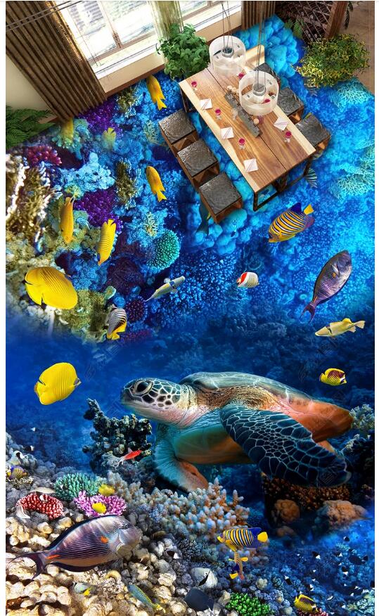 

3d pvc flooring custom photo Waterproof Self-adhesive floor Sea world turtle tropical fish room home decor painting 3d wall murals wallpaper, Customize