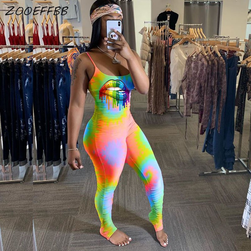 

ZOOEFFBB Sexy Lips Print Rompers Womens Jumpsuit New Summer One Piece Club Outfit Spaghetti Strap Bodycon Stacked Leggings Pants, Black