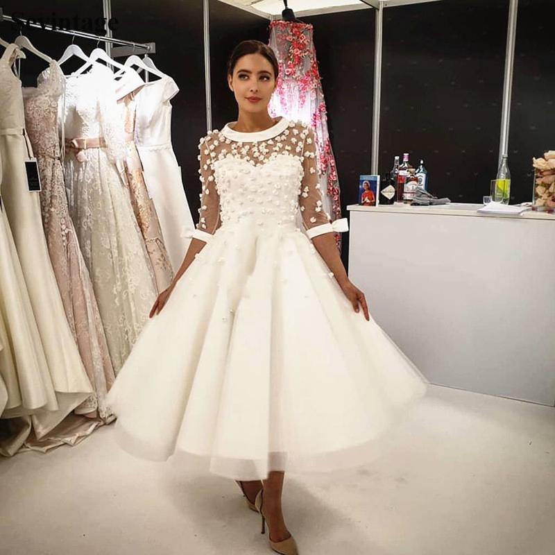 

Vintage Tea Length Short Wedding Dresses Transparent Half Sleeve Sexy Sheer Neck 3D Little Flowers Bridal Gowns vestido de noiva, White