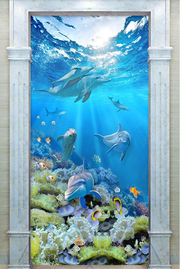 

3d wallpaper custom photo HD Dolphin Coral Reef Underwater World 3D Entrance Wall muals wall paper for walls 3 d, Sky blue