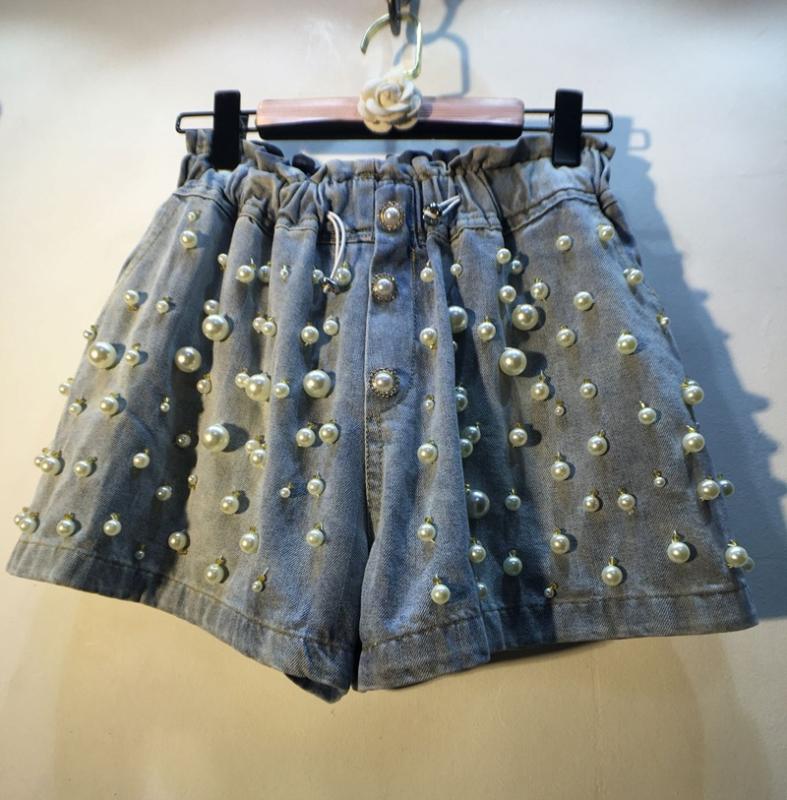 

Jean Shorts for Women Summer Wear European Style Handmade Sewing Beads Pearl Elastic High Waist Wide-Leg Denim Shorts Hot Pants, Light blue