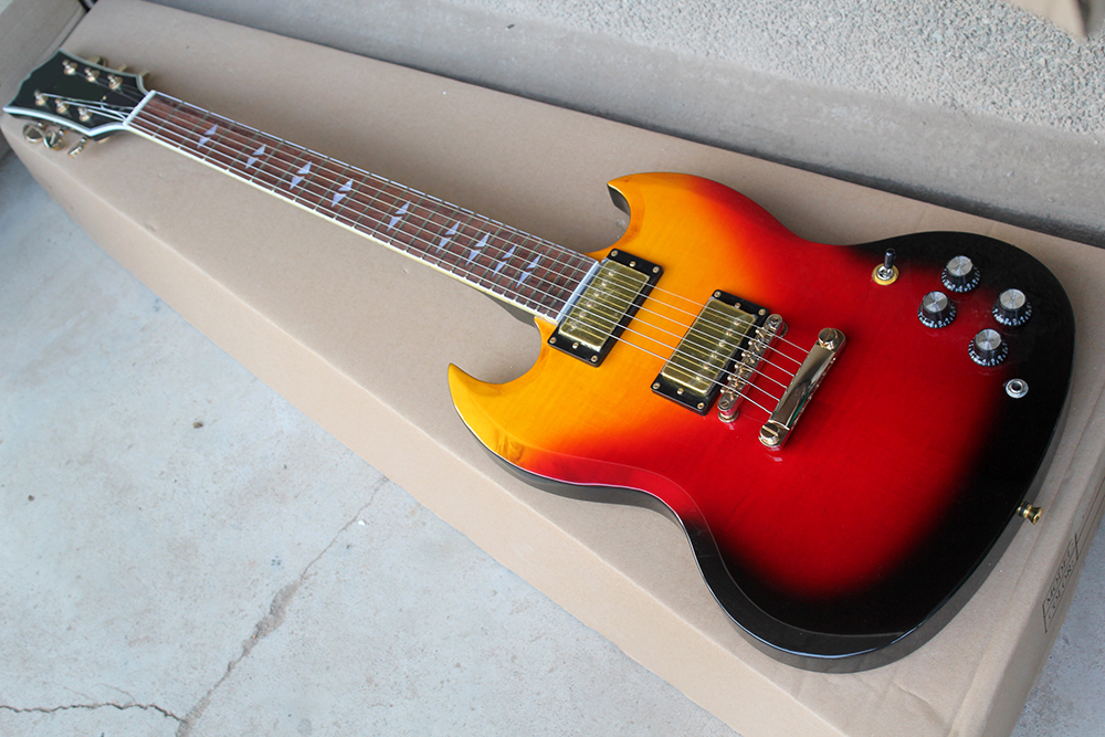 

Factory Custom Black Yellow Red Electric Guitar With Gold Hardware,HH Pickups,Diamond Fret Inlay,Can be customized