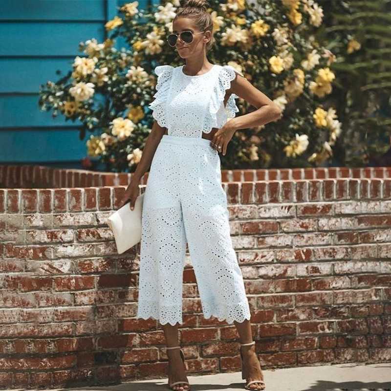 

O-Neck Sleeveless Slim White Lace Hollow Fashion Women' Jumpsuit 2020 Summer Sexy Elegant Party Jumpsuit Casual Women Clothing