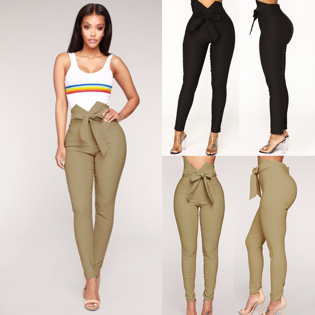 Womens Skinny Slim Stretchy Bandage Bowknot Pants Jeggings Pencil Trousers Casual Solid Drawstring High Waist Skinny Trousers Y200418