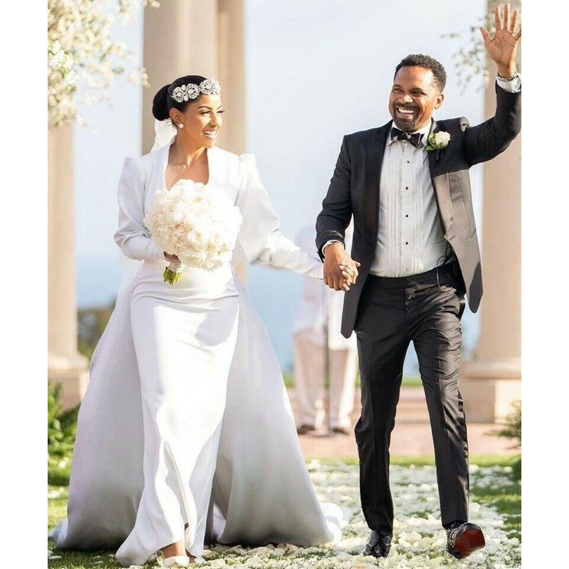 

Elegant Plunging Deep V Neckline Mermaid Wedding Dresses With Detachable Train Long Sleeve Satin Church Wedding Gowns robes de mariée, White