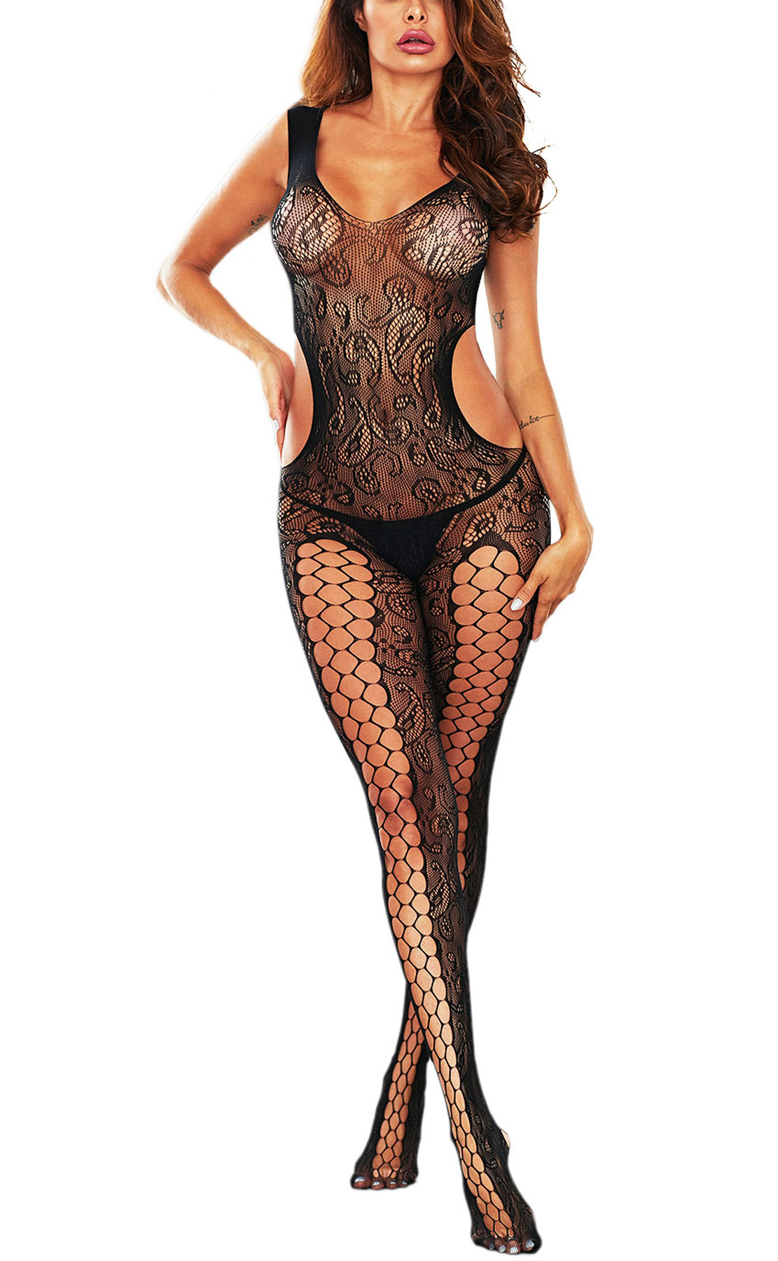 

Women Pothole Cutout Swirl Lace Body Stocking Fishnet Cutout Lingerie Set Underwear One Piece Pajamas Camisole Jumpsuit, Black