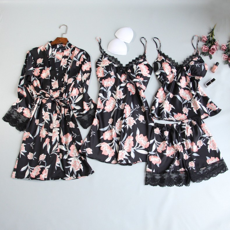 

2020 Summer Women Sexy V-neck Pyjamas Sets 4 Pcs Female Satin Lace Sleeveless Sleepwear Flower Print Pijama With Chest Pads, A-4 4pcs